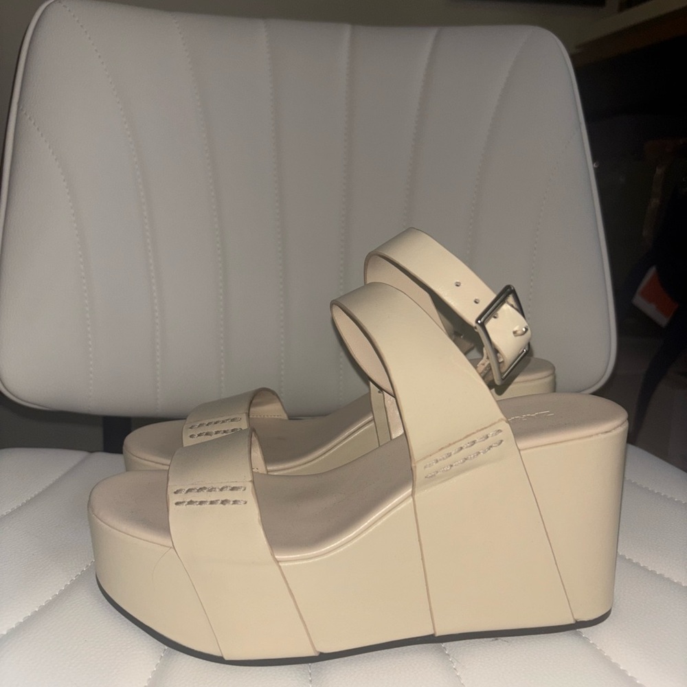 Zara Leather Cream Platform Wedge Sandals with Buckle